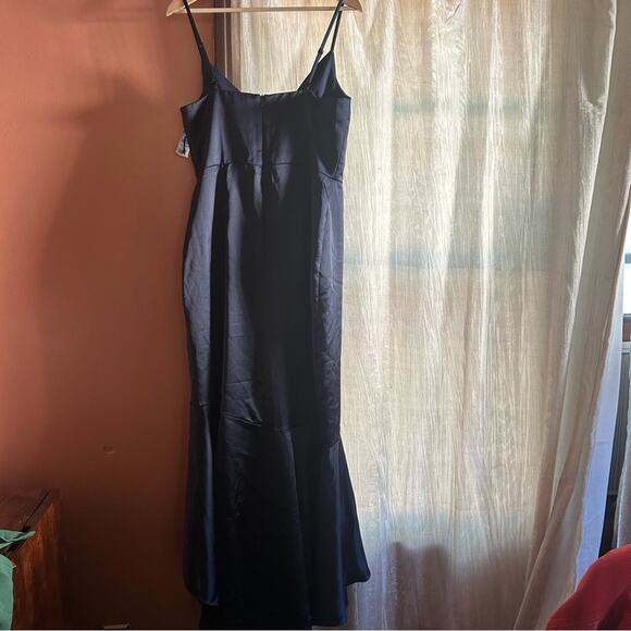 Xscape Satin Ruffle Dress Navy Blue Hi Low Maxi Formal Gown Sleeveless NWT Sz 12 - Picture 7 of 8